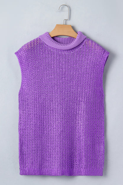 Bright Green Solid Color Knit High Neck Short Sleeve Sweater