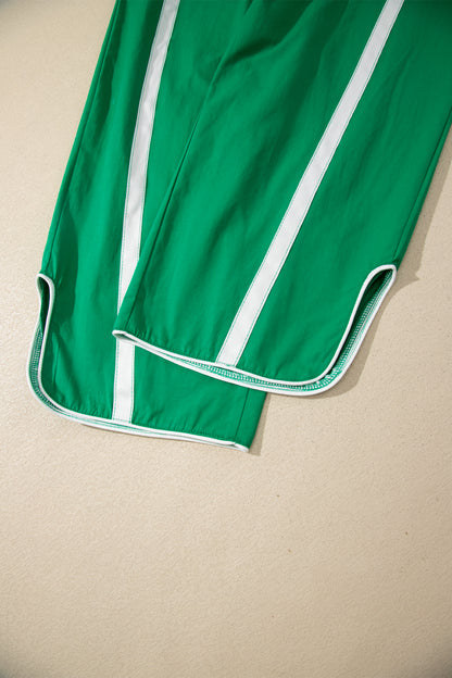 Bright Green Contrast Striped Smocked Waist Drawstring Cropped Casual Pants