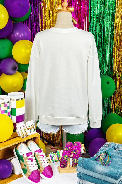 White mardi gras Fleur De Lis Embroidered Graphic Pullover Sweatshirt