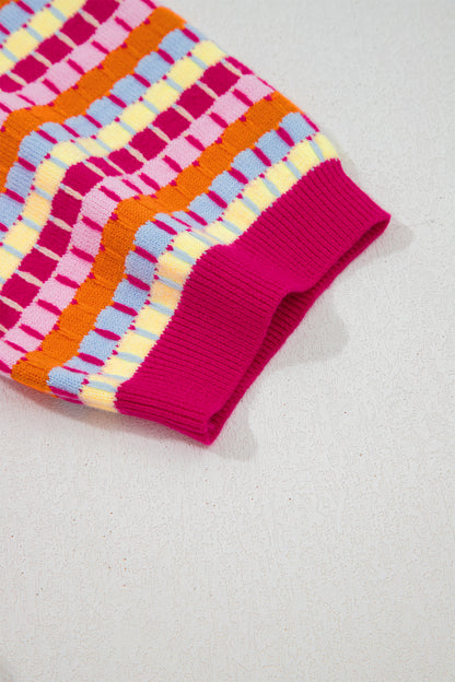 Orange Abstract Striped Knit Short Sleeve Sweater