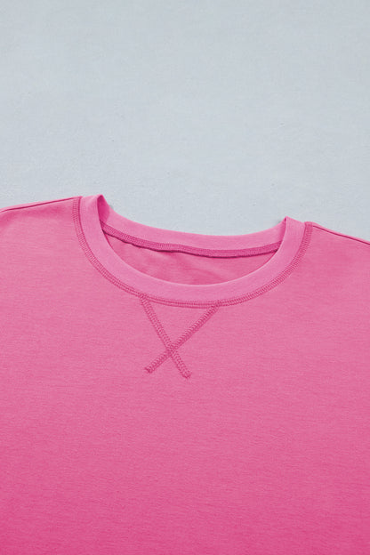 Bright Pink Seam Detail Raw Edge Tee Rainbow Waistband Casual Short Set