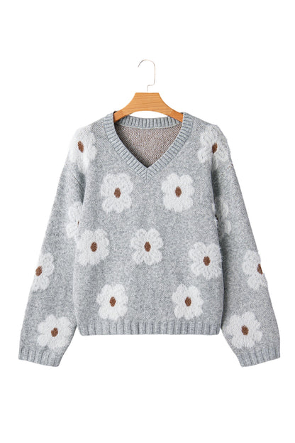 Gray Cute Flower Print V Neck Drop Shoulder Baggy Sweater