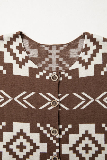 Brown Southwestern Aztec Button Square Neck Sweater Vest