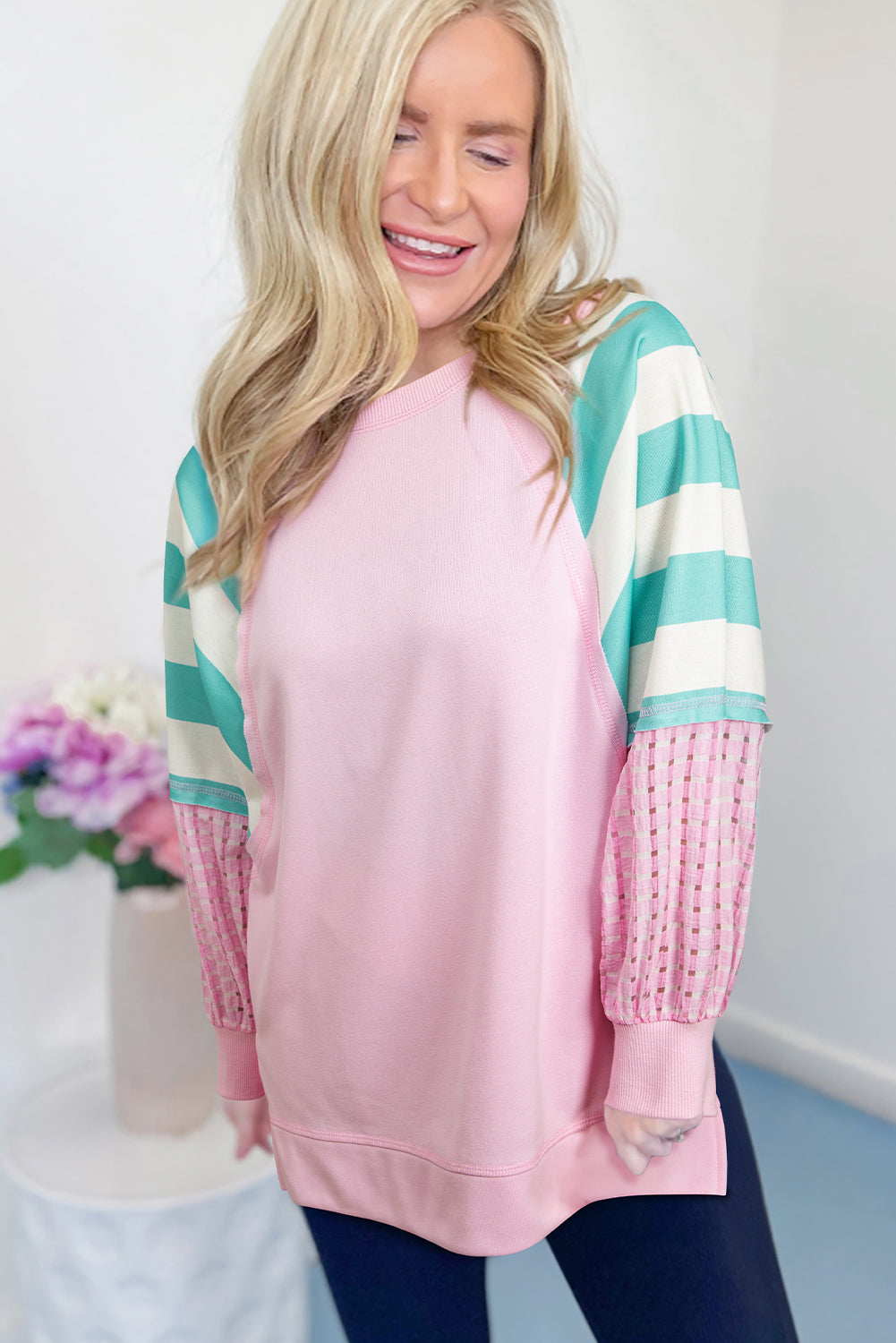 Bonbon Striped Colorblock Patchwork Raglan Pullover Top with Slits