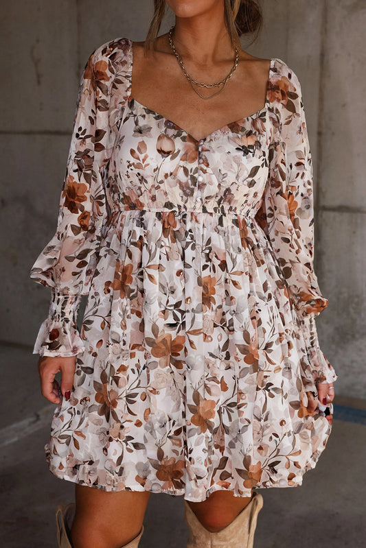 White Floral Print Sweetheart Neck Long Sleeve High Waist Mini Dress