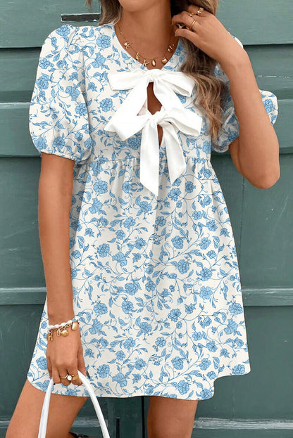 Sky Blue Leopard Contrast Bow Puff Sleeve Mini Dress
