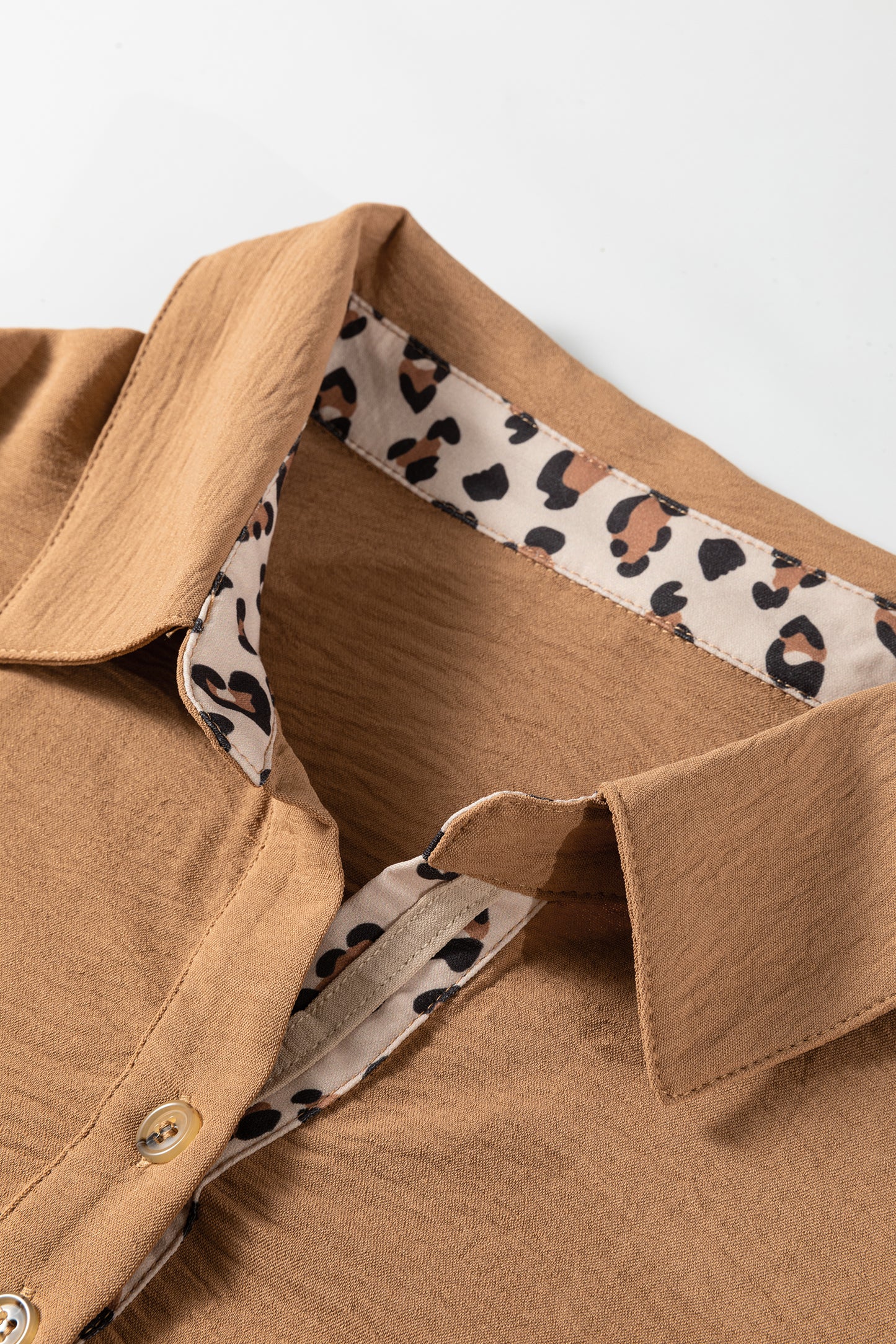 Camel Contrast Leopard Print Patchwork Polo Collar Buttons Front Ruffled Long Sleeve Blouse
