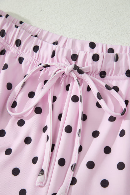 Brown Polka Dot Halter Tank Drawstring Elastic Waist Short Set