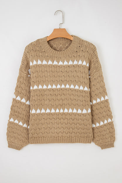 Pale Khaki Contrast Detail Textured Knit Puff Sleeve Baggy Sweater