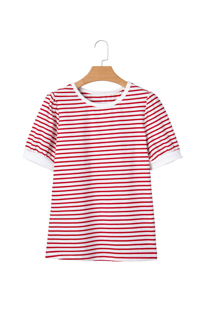 Red Stripe Contrast Trim Round Neck Short Puff Sleeve T Shirt