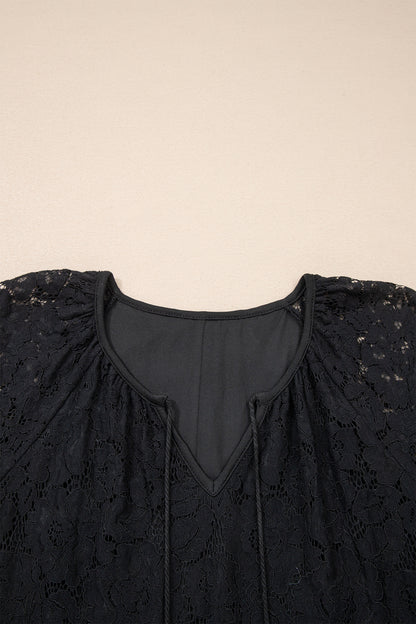 Black Floral Lace Overlay Tassel Tie Short Sleeve Beach Vacation Loose Maxi Dress