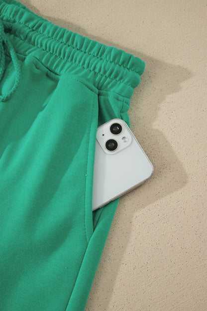 Sea Green Solid Color Loose Tee Drawstring Shorts 2pcs Outfit
