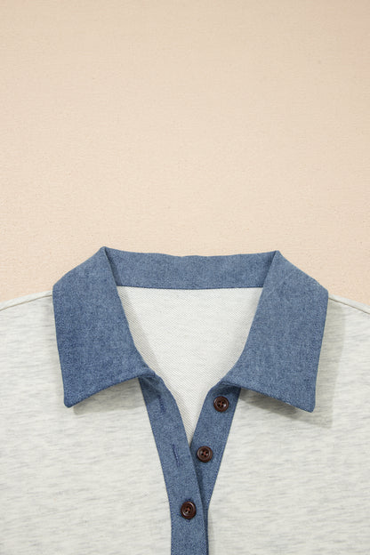 Light Grey Denim Color Block Patchwork Button Polo Collar T Shirt Tunic Dress