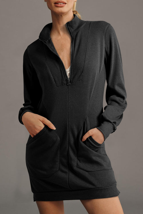 Black Zip up Collared Ribbed Patchwork Sweatshirt Dress with Pockets