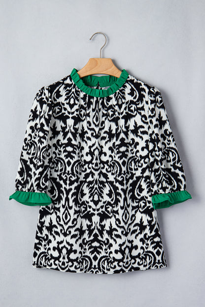 Green Damask Print Ruffled Color Block Detail Half Sleeve Blouse