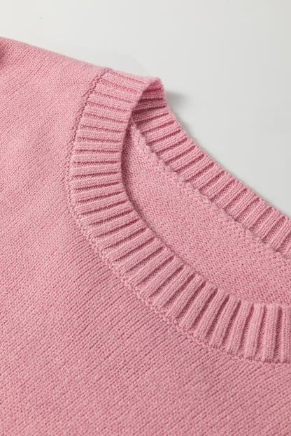 Light Pink Plaid Heart Embroidered Cuffed Drop Shoulder Crew Neck Sweater
