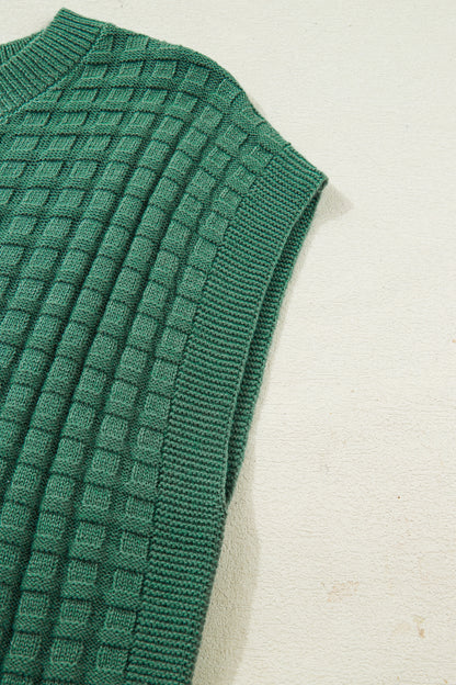 Mist Green Solid Color Round Neck Textured Short Sleeve Sweater