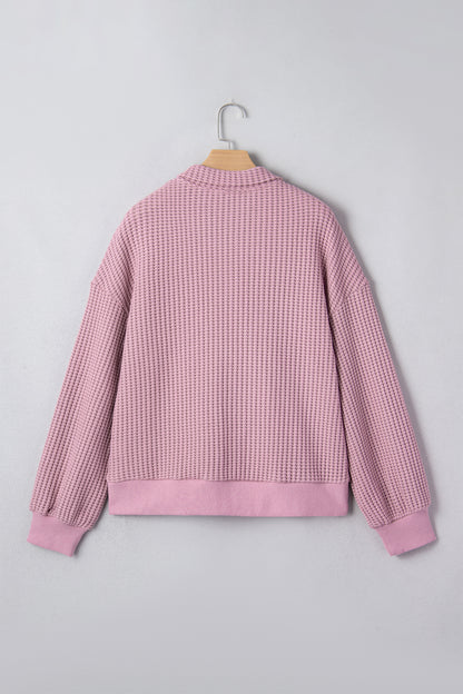 Casual Solid Color Textured Snap Button Collared Baggy Top