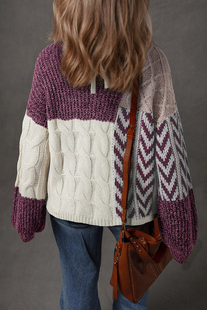 Purple Color Block Patchwork Knotted Back Loose Fit Sweater