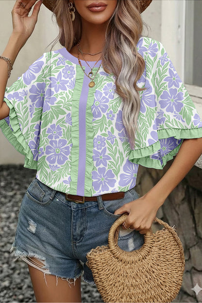 Sky Blue Floral Print Ruffled Color Block Trim Half Sleeve Blouse
