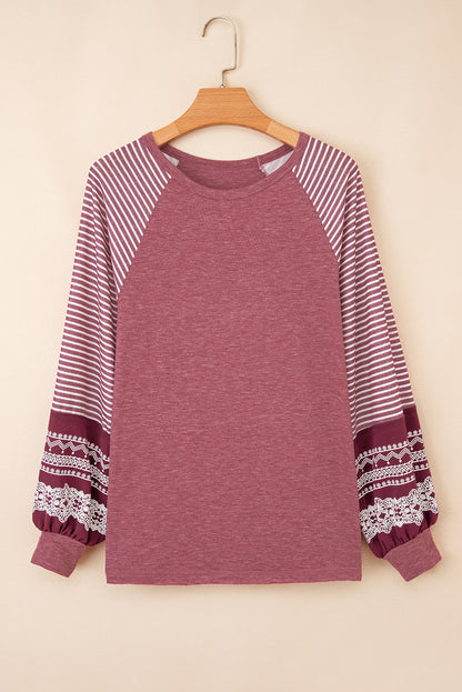 Navy Blue Contrast Print Striped Raglan Long Sleeve Loose Top