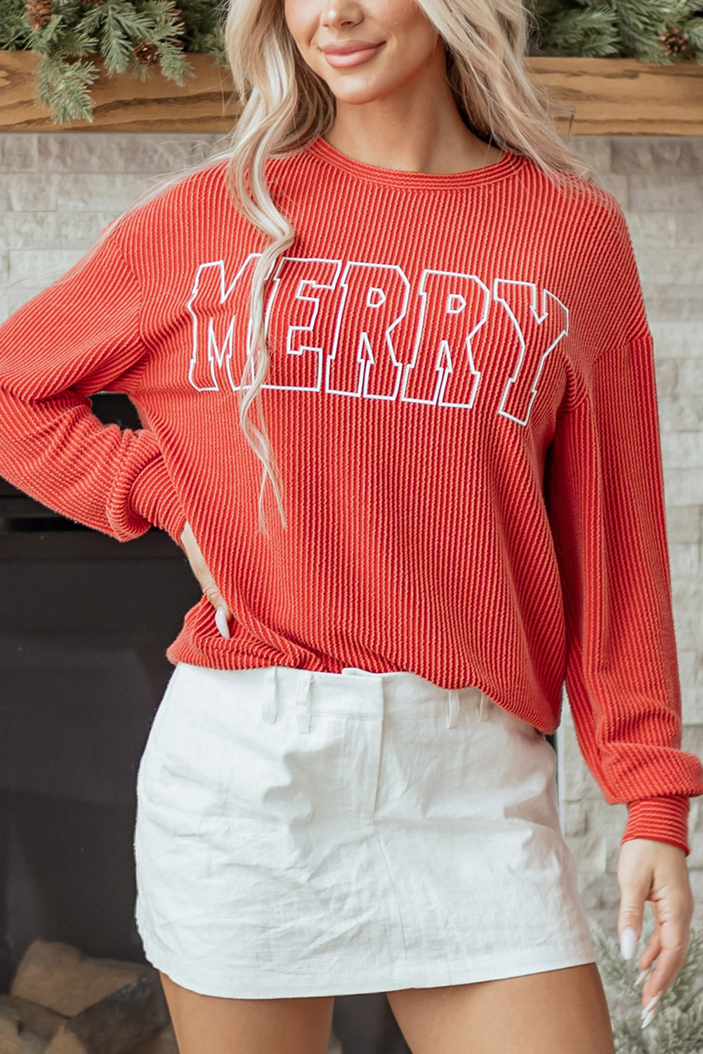 Black Twisted Rib Outlined Merry Letter Graphic Loose Long Sleeve Top