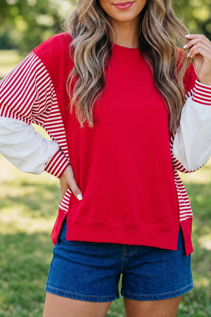 Dark Blue Striped Patchwork Sleeve Colorblock Sweatshirt