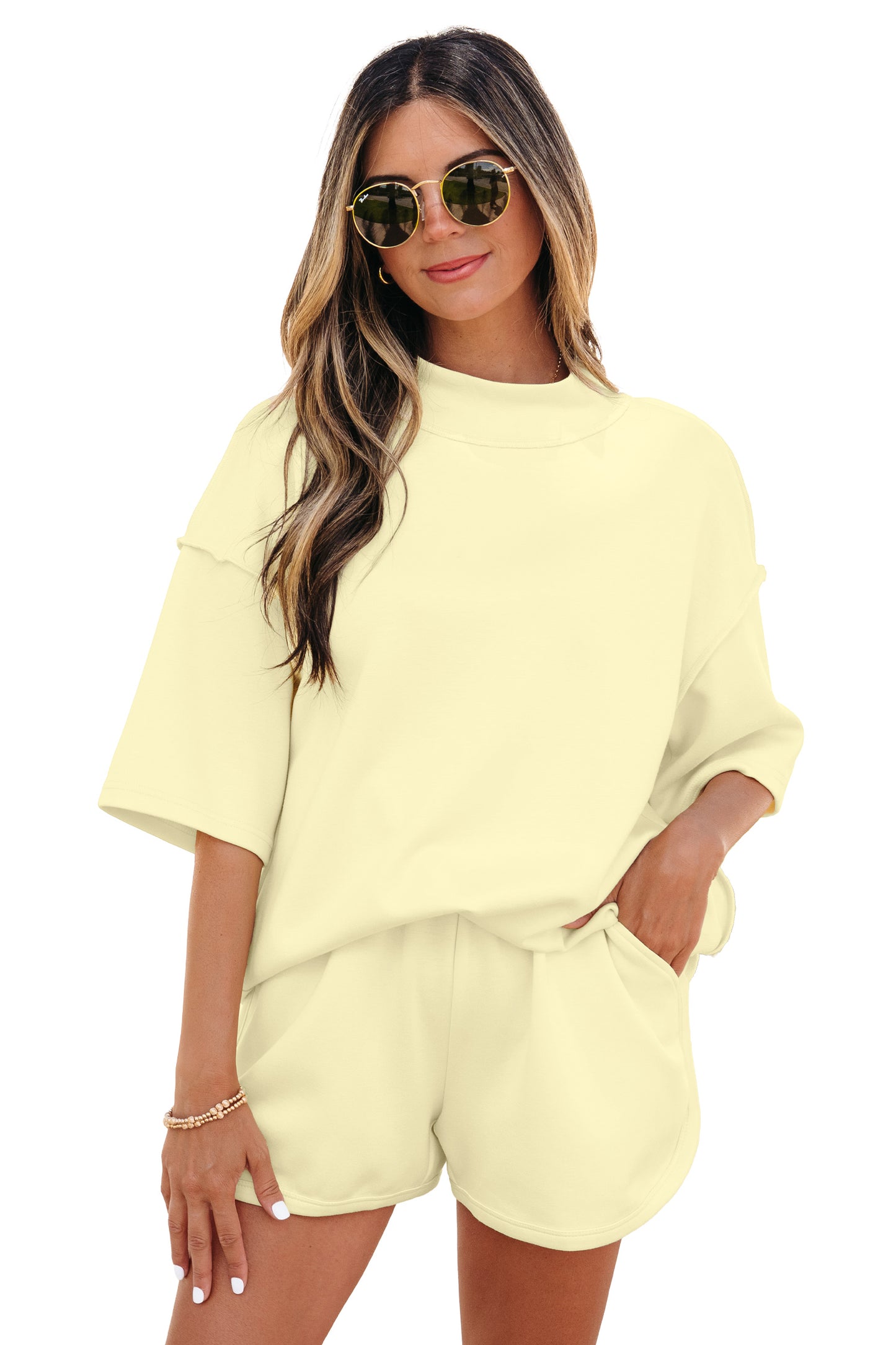 Moonlight Jade Solid Color Exposed Seam Mock Neck Oversize Tee Casual Shorts 2pcs Outfit