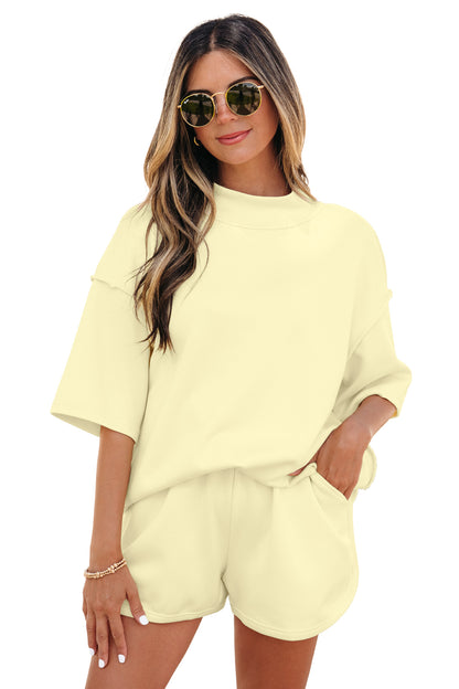 Moonlight Jade Solid Color Exposed Seam Mock Neck Oversize Tee Casual Shorts 2pcs Outfit