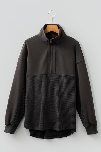 Carbon Grey Waffle Knit Patchwork Half Zipped Casual Sweatshirt