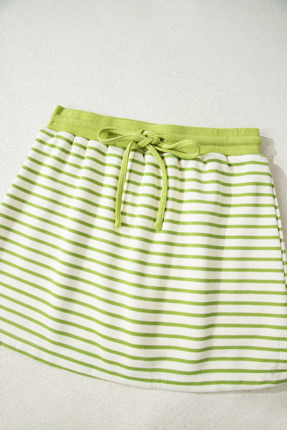 Pink Stripe Collared V Neck Drop Shoulder Pullover and Skort 2pcs Outfit