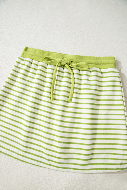 Pink Stripe Collared V Neck Drop Shoulder Pullover and Skort 2pcs Outfit