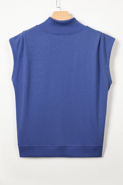 Black Solid Color High Neck Cap Sleeve Loose Top