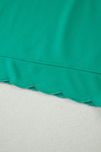 Sea Green Solid Color Snap Button Polo Collar Short Sleeve Scallop Hem Mini Dress