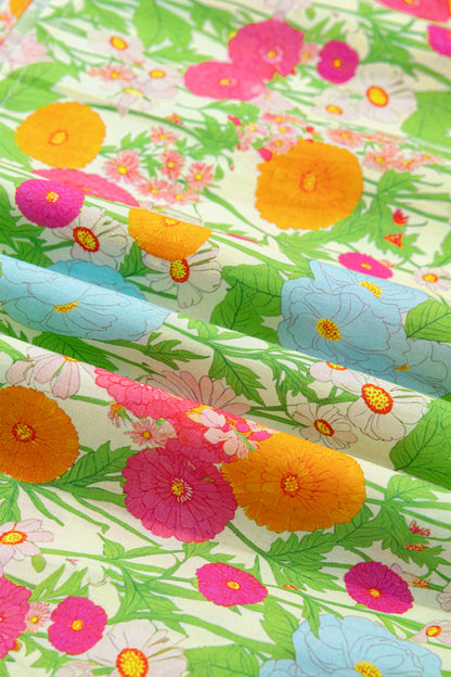 Green Floral Print V Neck Short Puff Sleeve Cotton Maxi Dress