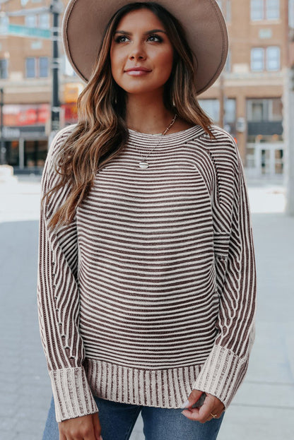 Medium Grey Striped Print Ribbed Knit Boat Neck Baggy Sweater