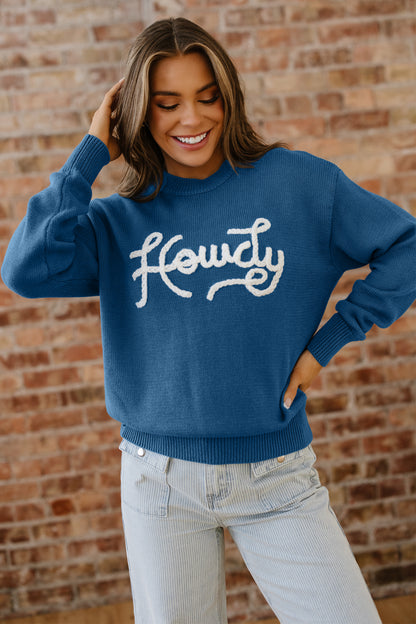 Dusk Blue Howdy Embroidered Graphic Western Sweater