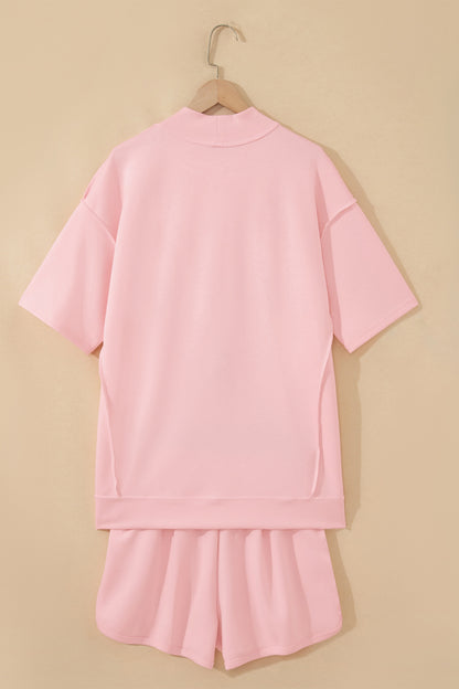 Moonlight Jade Solid Color Exposed Seam Mock Neck Oversize Tee Casual Shorts 2pcs Outfit