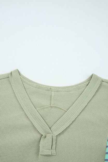 Dusk Blue Exposed Seam Waffle Striped Patchwork Baggy Pullover