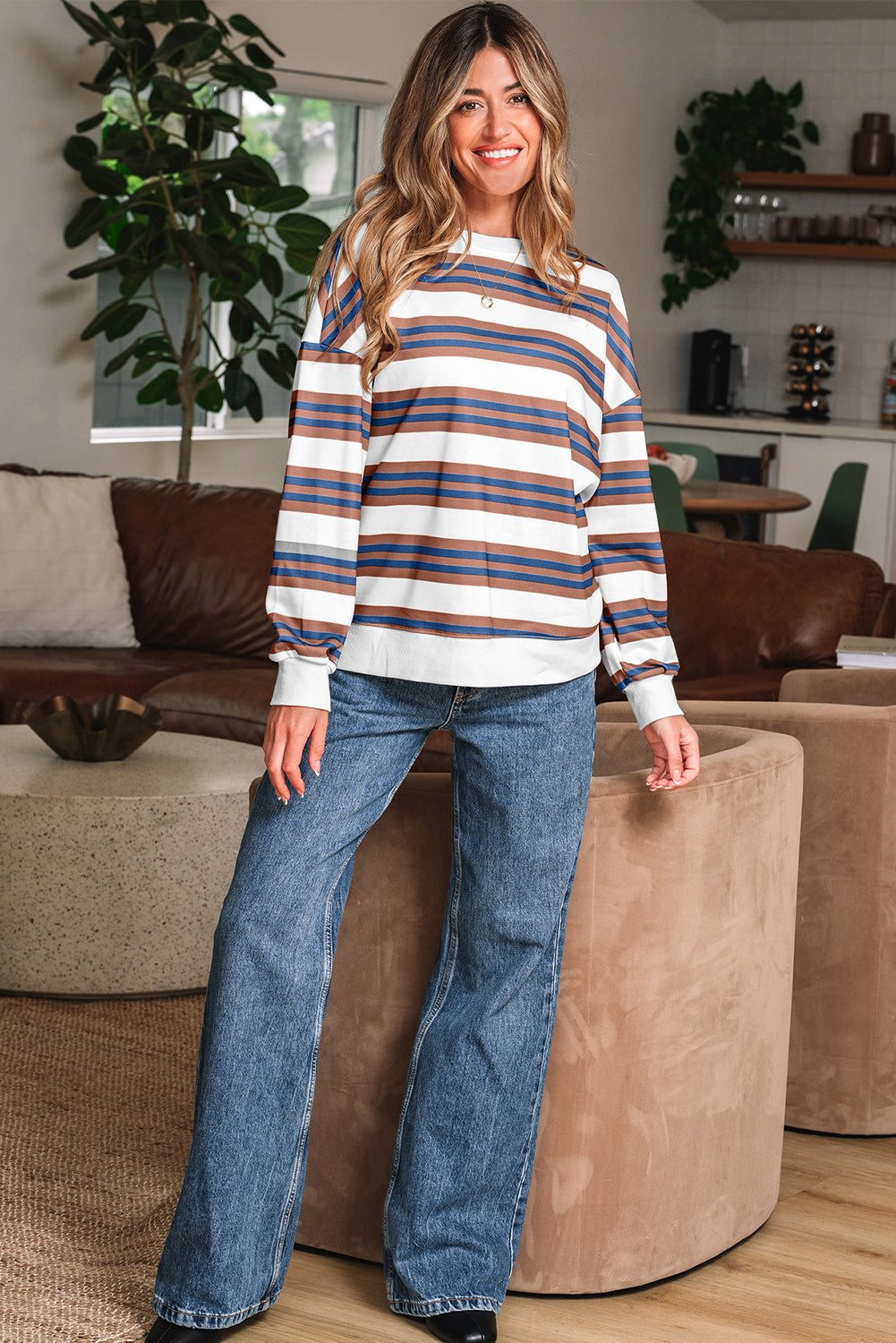 Khaki Stripe Crew Neck Drop Shoulder Pullover Sweatshirt