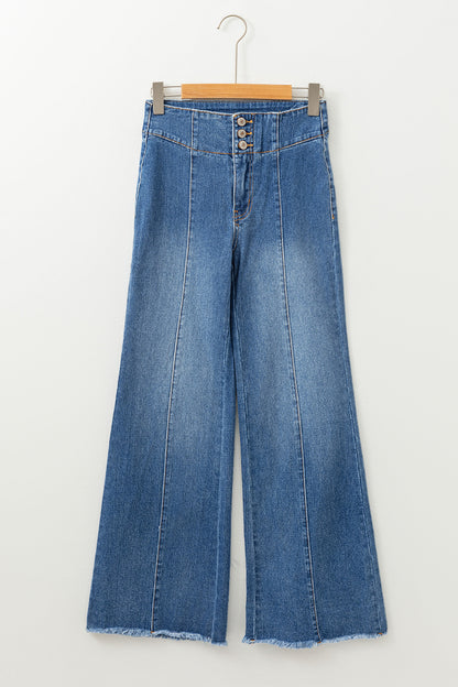 Coffee High Waist Button Fly Seamed Raw Hem Flare Jeans
