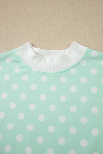 Sky Blue Polka Dot Print Color Block Trim Mock Neck Short Set