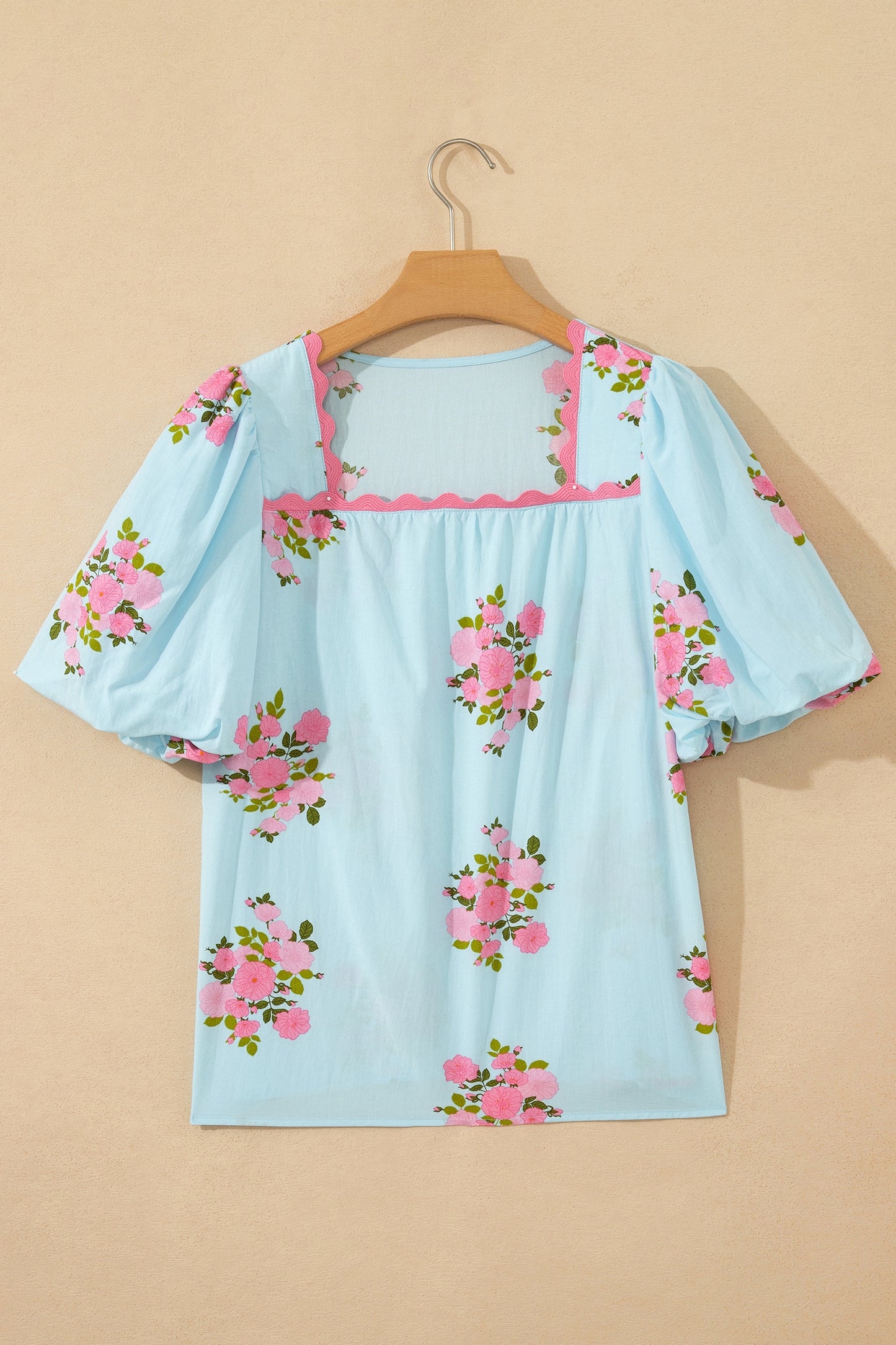 Sky Blue Floral Printed Contrast Ricrac Detail Bubble Sleeve Blouse