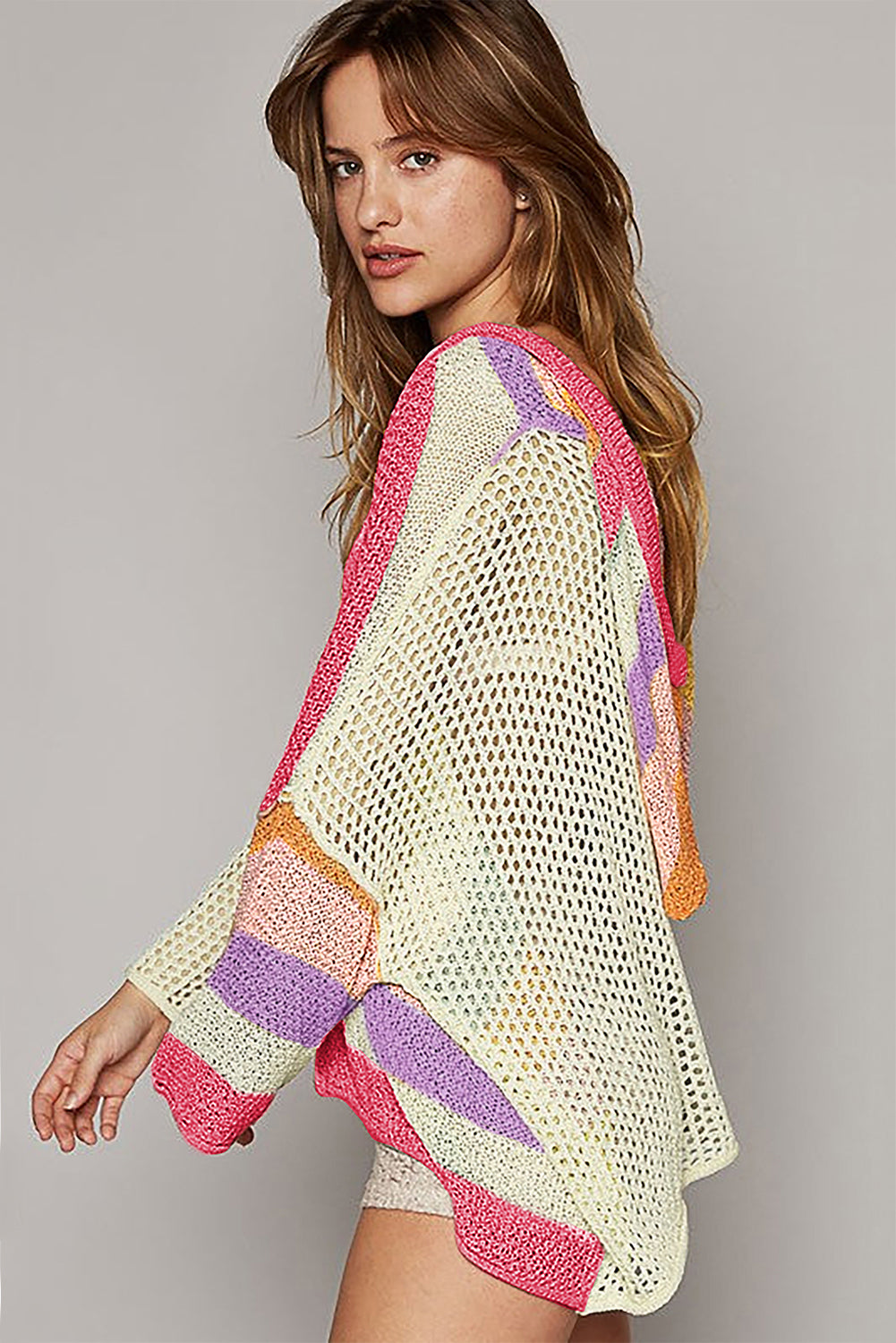 DEAR-LOVER Beige Oversized Colorblock V Neck Hooded Sweater