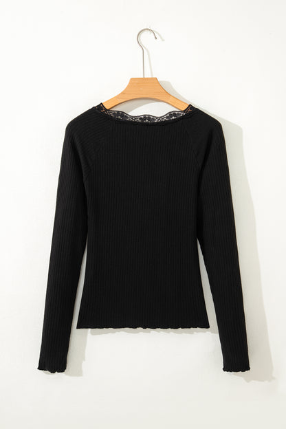 Black Lace Neckline Button Decor Lettuce Edge Long Sleeve Ribbed Top