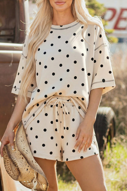 Black Exposed Seam Detail Polka Dot Loose Tee Drawstring Shorts Set