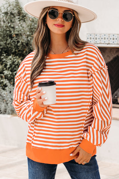 Red Stripe Exposed Seam Drop Shoulder Casual Pullover Top