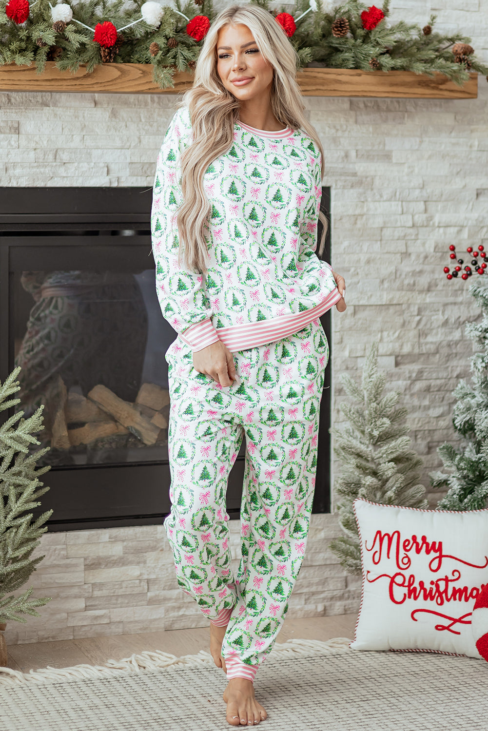 Pink Bow Christmas Tree Print Contrast Striped Banding 2pcs Lounge Set
