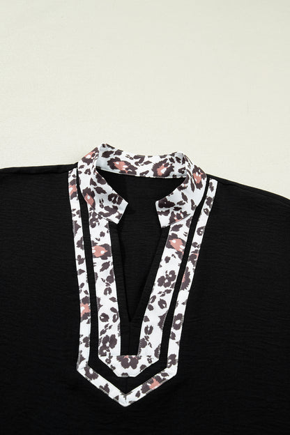 Black Dolman Half Sleeve Leopard Patchwork Trim V Neck Blouse