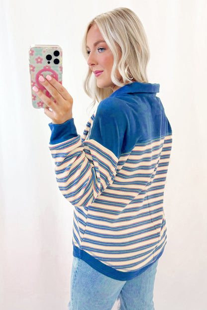 Red Stripe Buttoned V Neck Collared Drop Shoulder Top